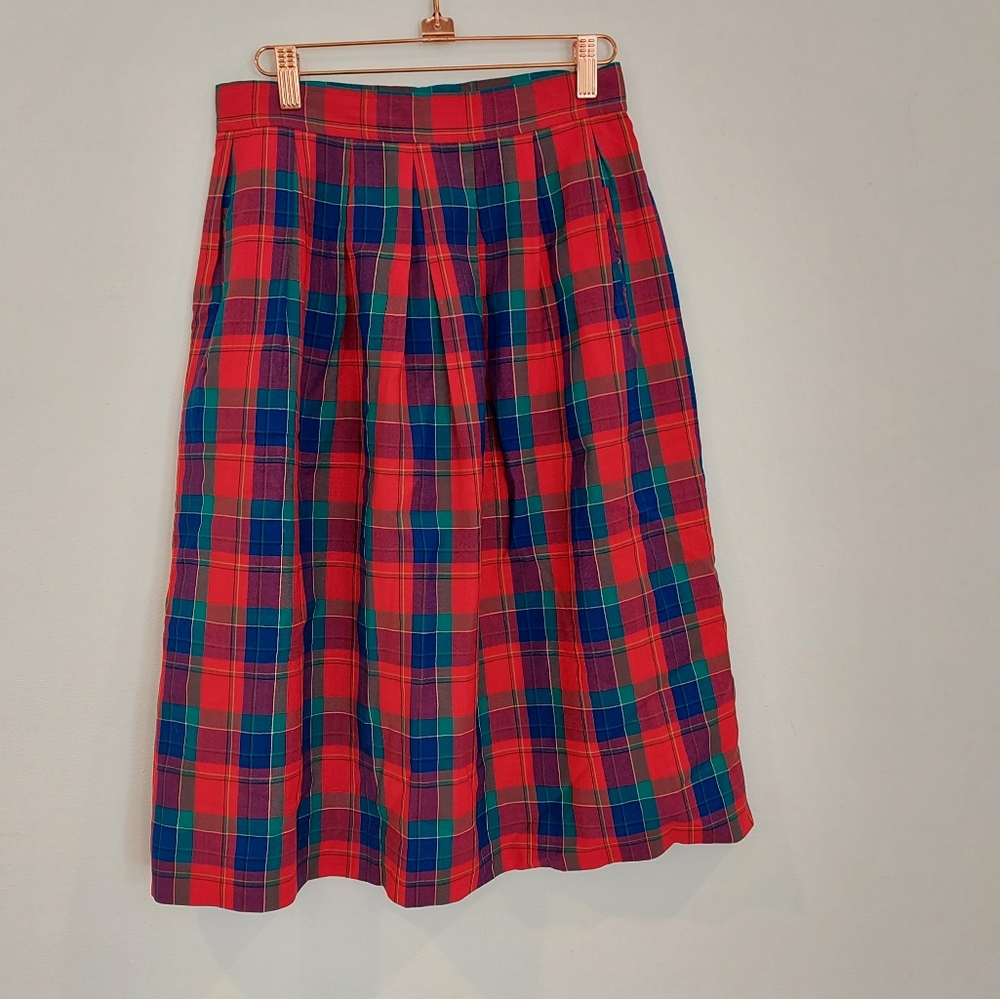 Vintage Pendleton Holiday Plaid Wool Midi Skirt with Pockets 60s 70s